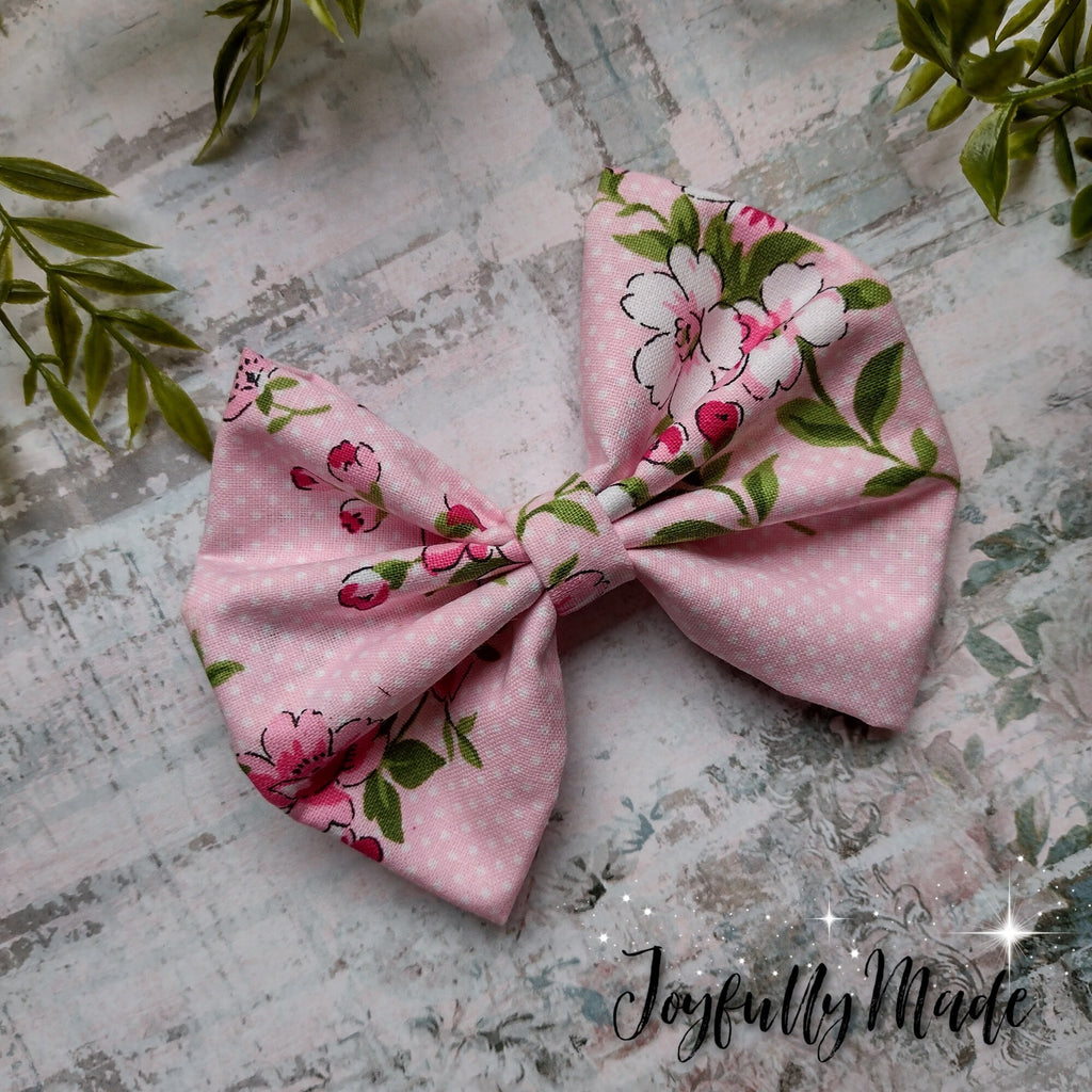 Pretty in Pink Floral Hair Bow: Cotton Fabric Clip or Headband