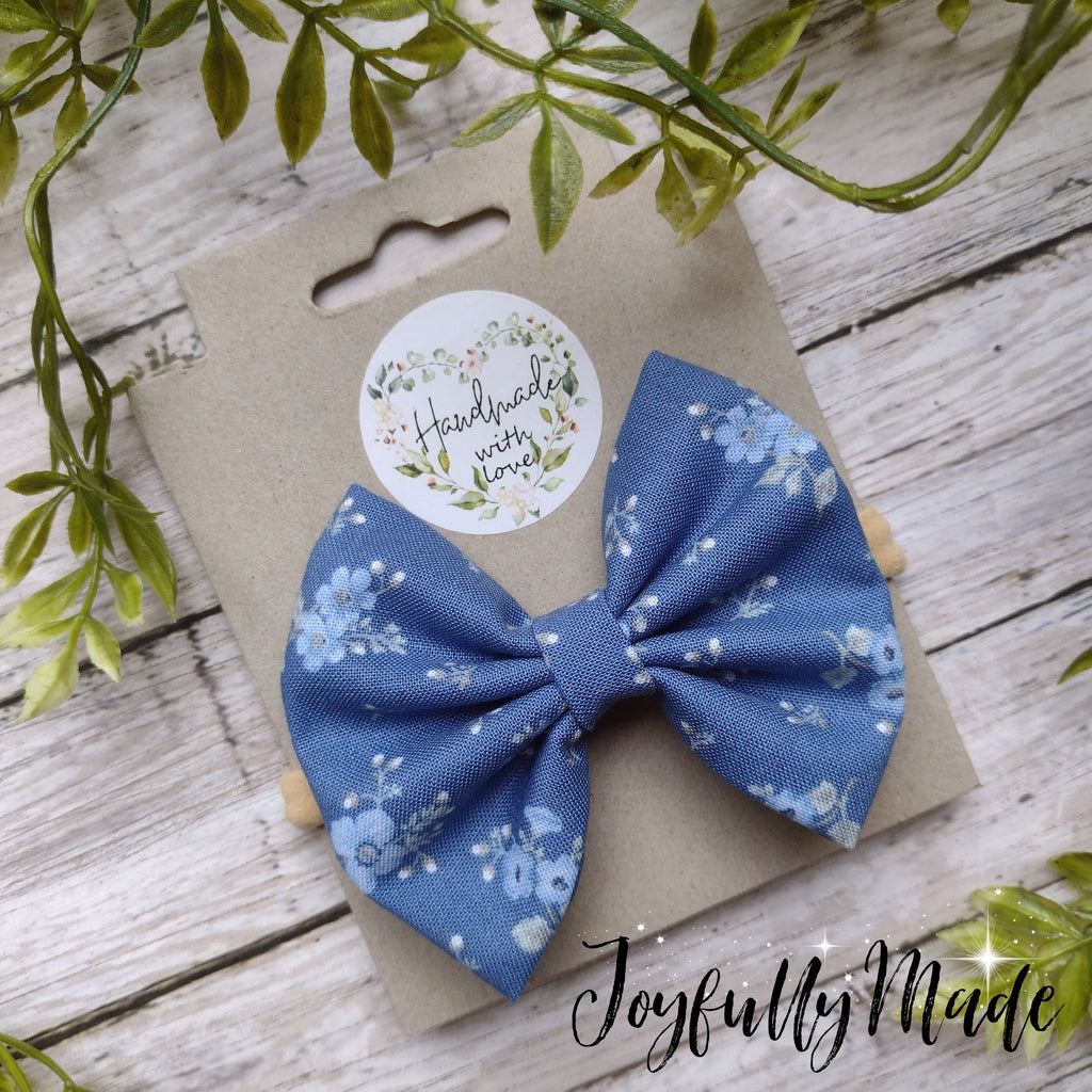 Dainty Blue Floral Hair Bow: Cotton Alligator Clip or Headband