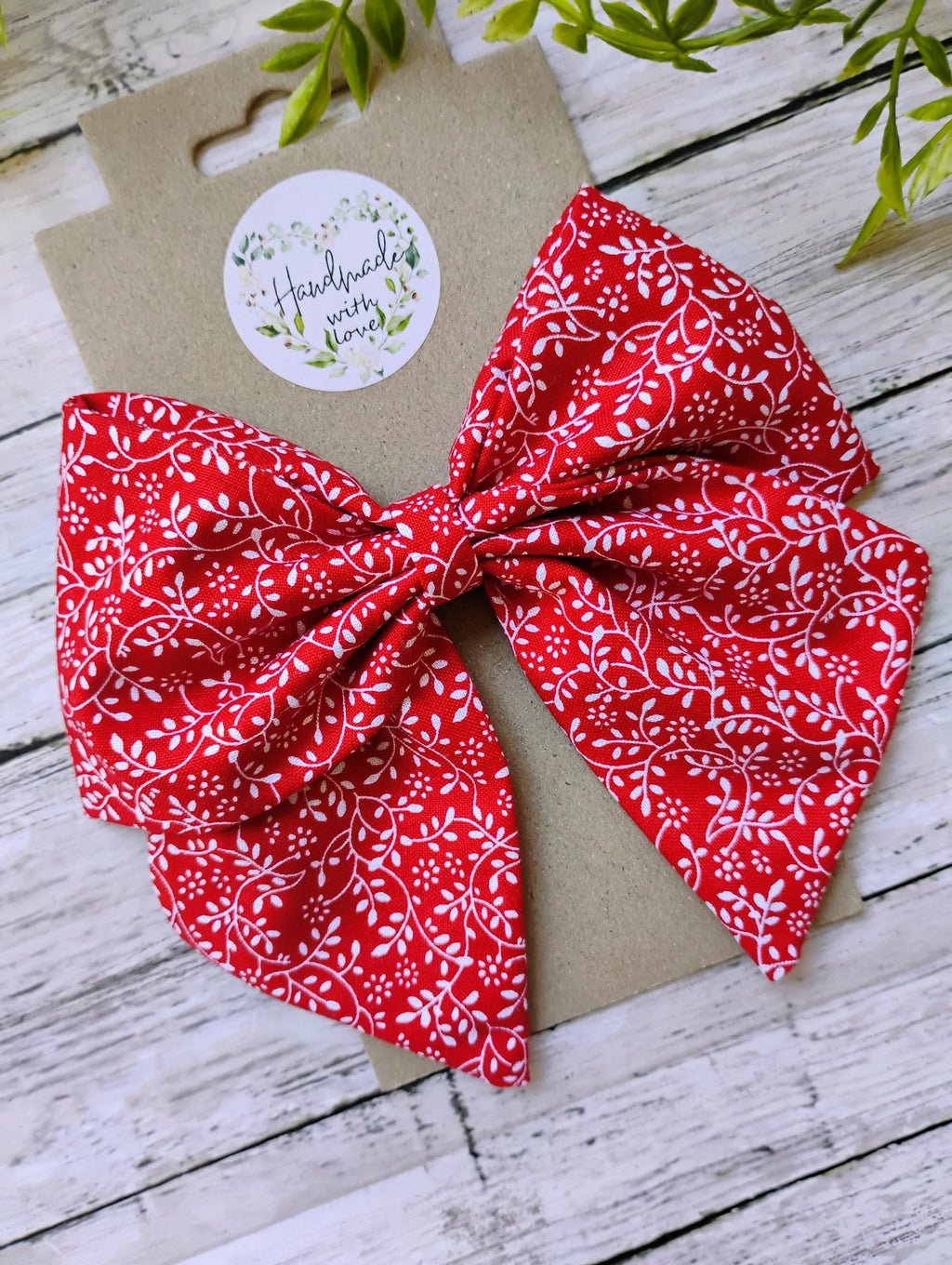 Red and White Floral Hair Bow, Headband, or Ornament