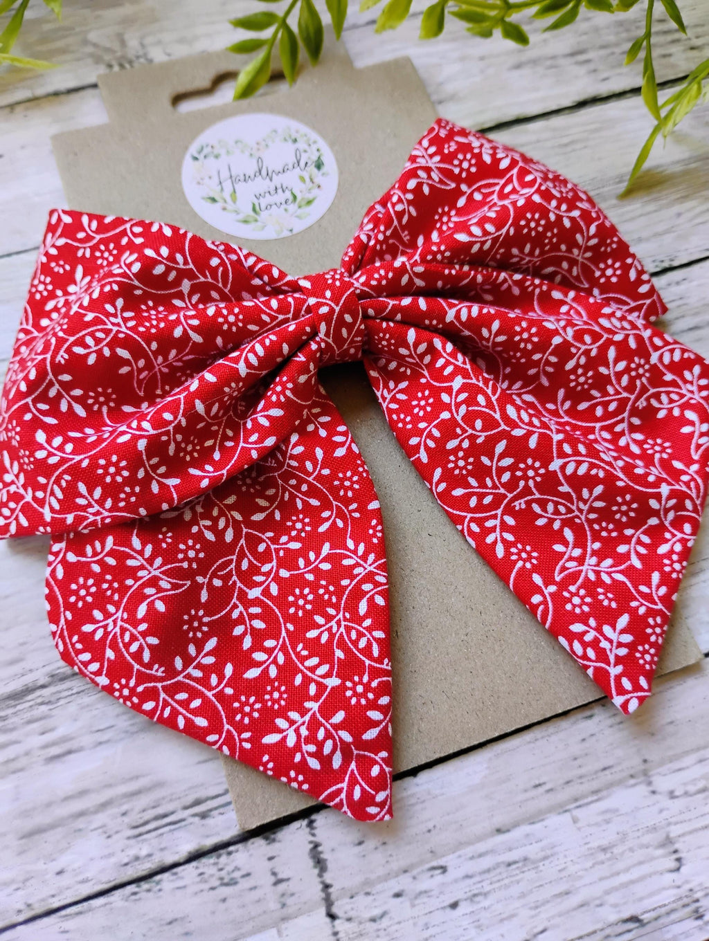 Red and White Floral Hair Bow, Headband, or Ornament