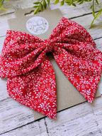Red and White Floral Hair Bow, Headband, or Ornament
