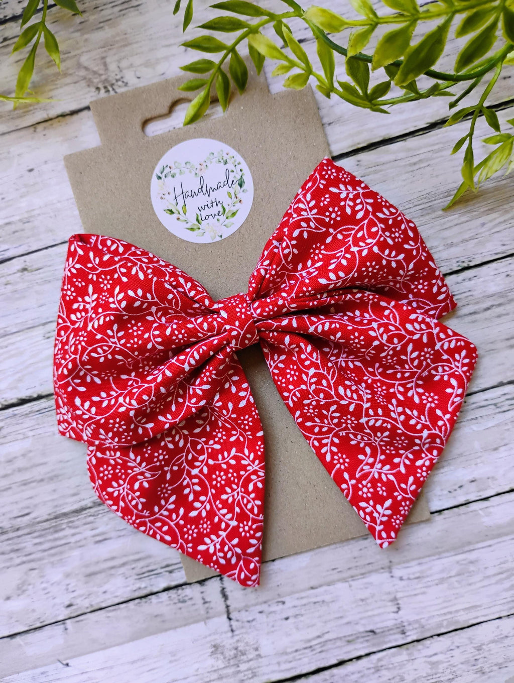 Red and White Floral Hair Bow, Headband, or Ornament