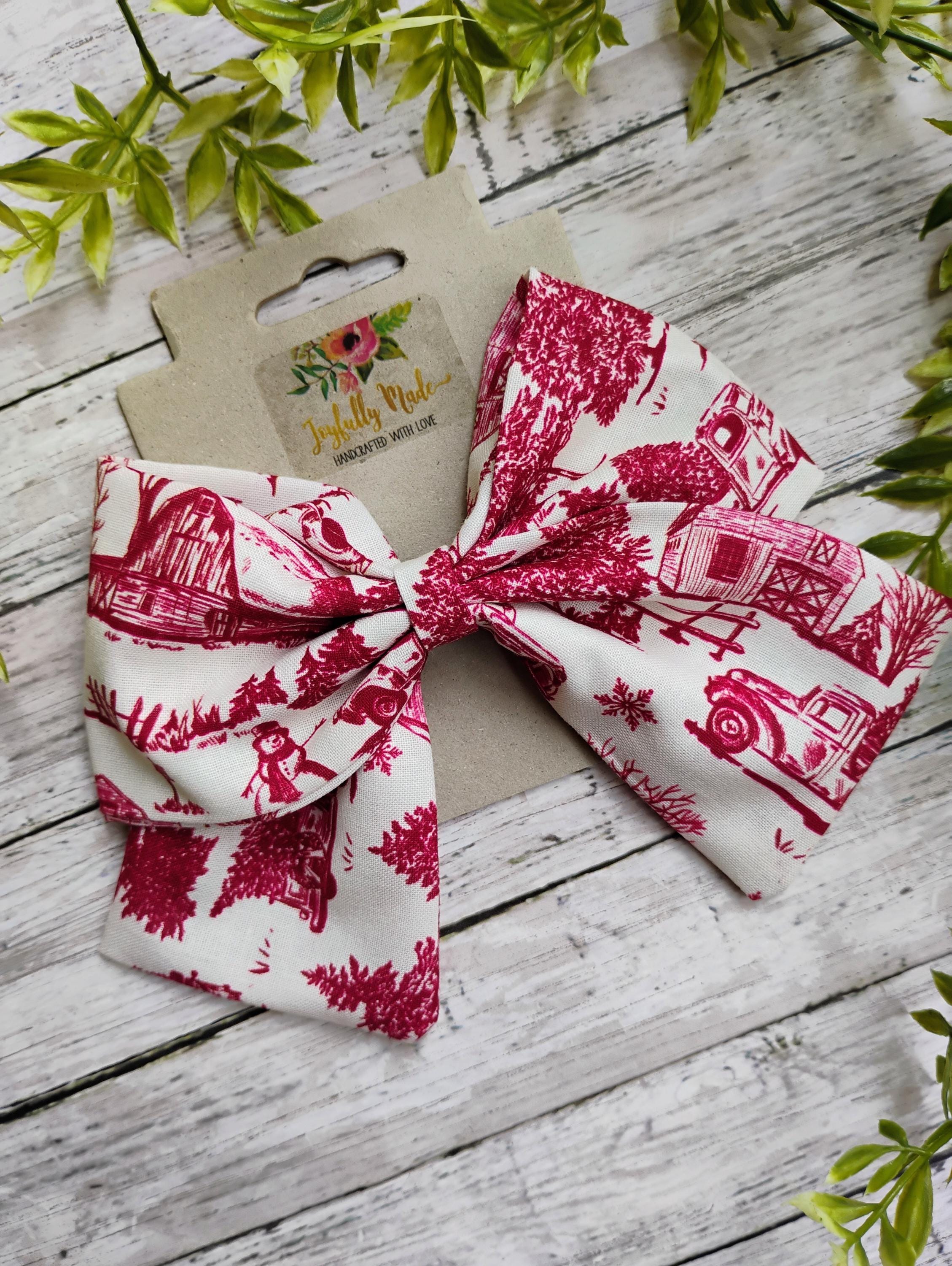 Red Toile Christmas Hair Bow: Holiday Ornament Clip or Headband