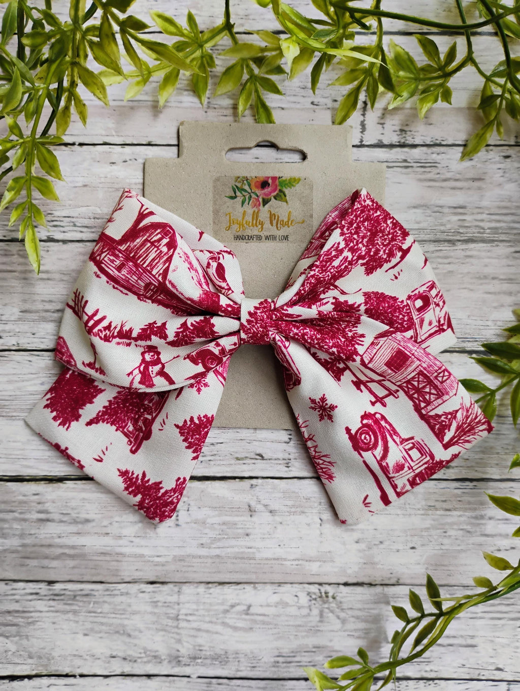Red Toile Christmas Hair Bow: Holiday Ornament Clip or Headband