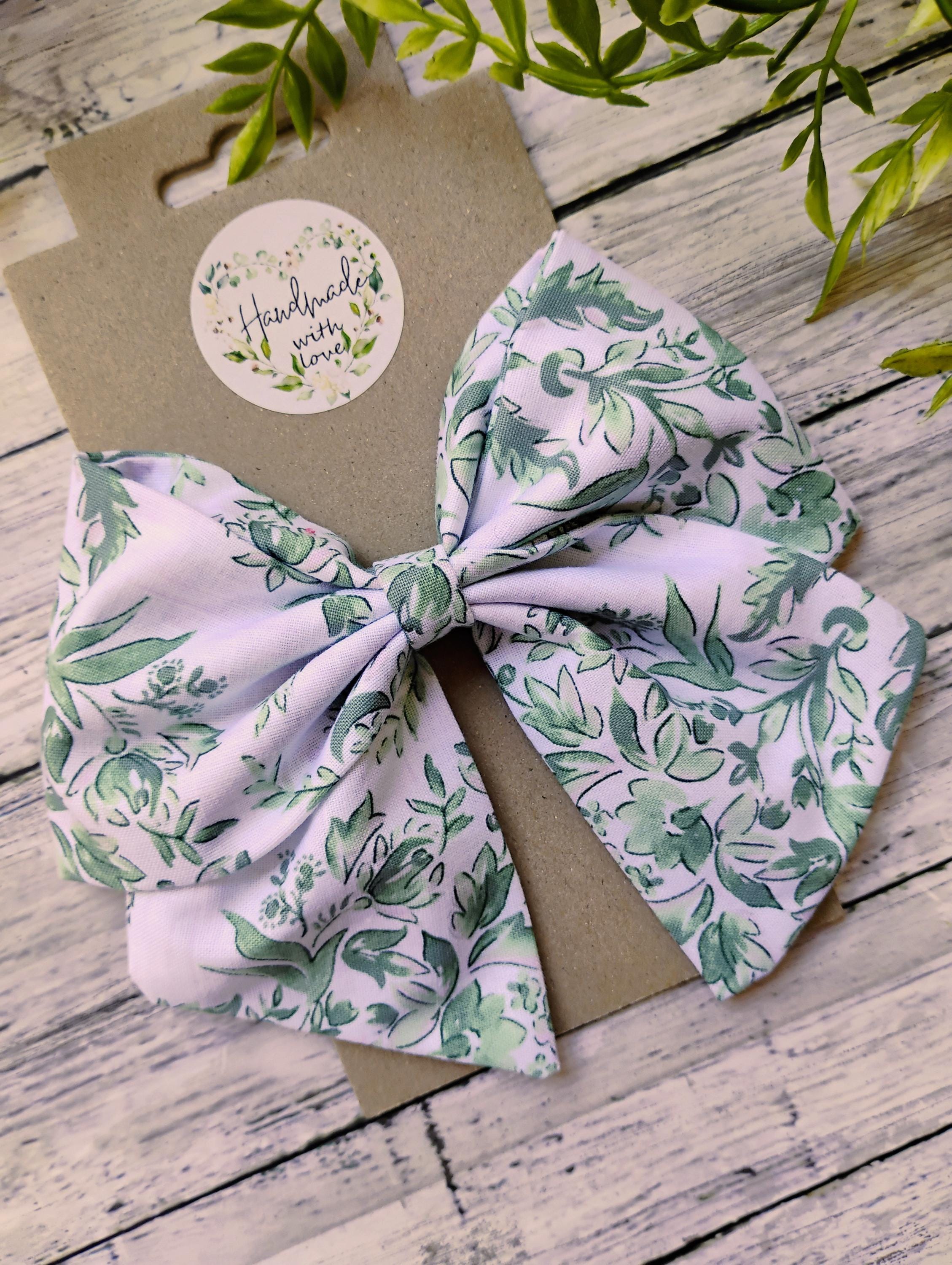Green & White Floral Hair Bow: Handmade Cotton Sailor Bow