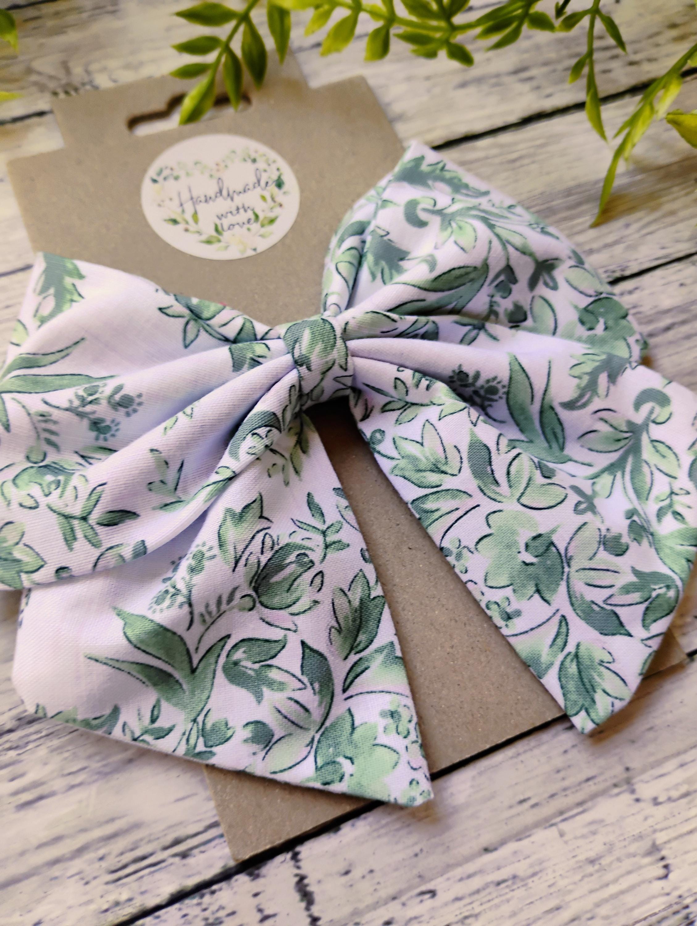 Green & White Floral Hair Bow: Handmade Cotton Sailor Bow