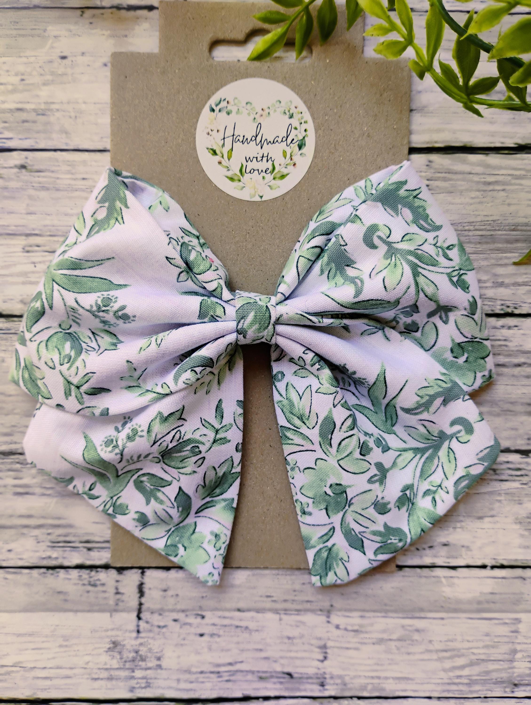 Green & White Floral Hair Bow: Handmade Cotton Sailor Bow