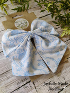 Blue Toile Hair Bow: Handmade Cotton Hair Clip or Headband
