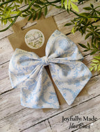 Blue Toile Hair Bow: Handmade Cotton Hair Clip or Headband