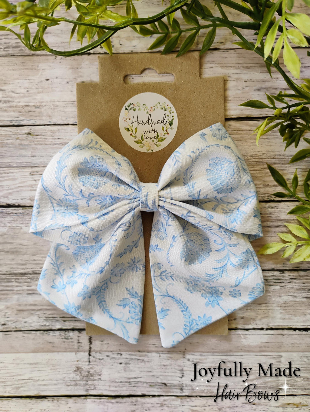 Blue Toile Hair Bow: Handmade Cotton Hair Clip or Headband