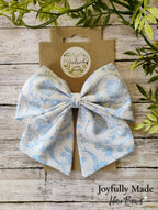 Blue Toile Hair Bow: Handmade Cotton Hair Clip or Headband