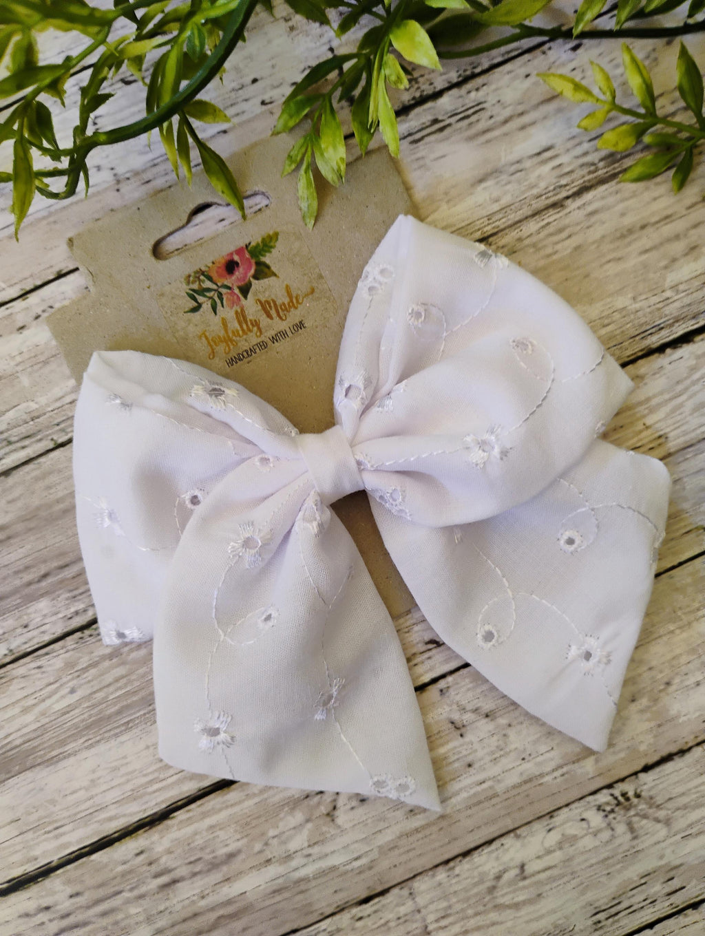 White Eyelet Hair Bow: Cotton Hair Clip or Headband