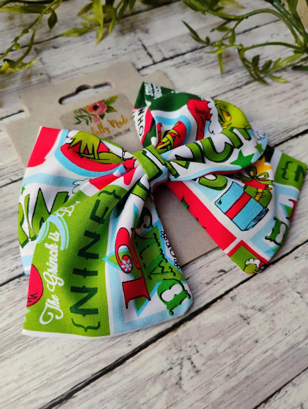 Green Guy Christmas Hair Bow, Large Cotton Fabric Hair Clip or Headband