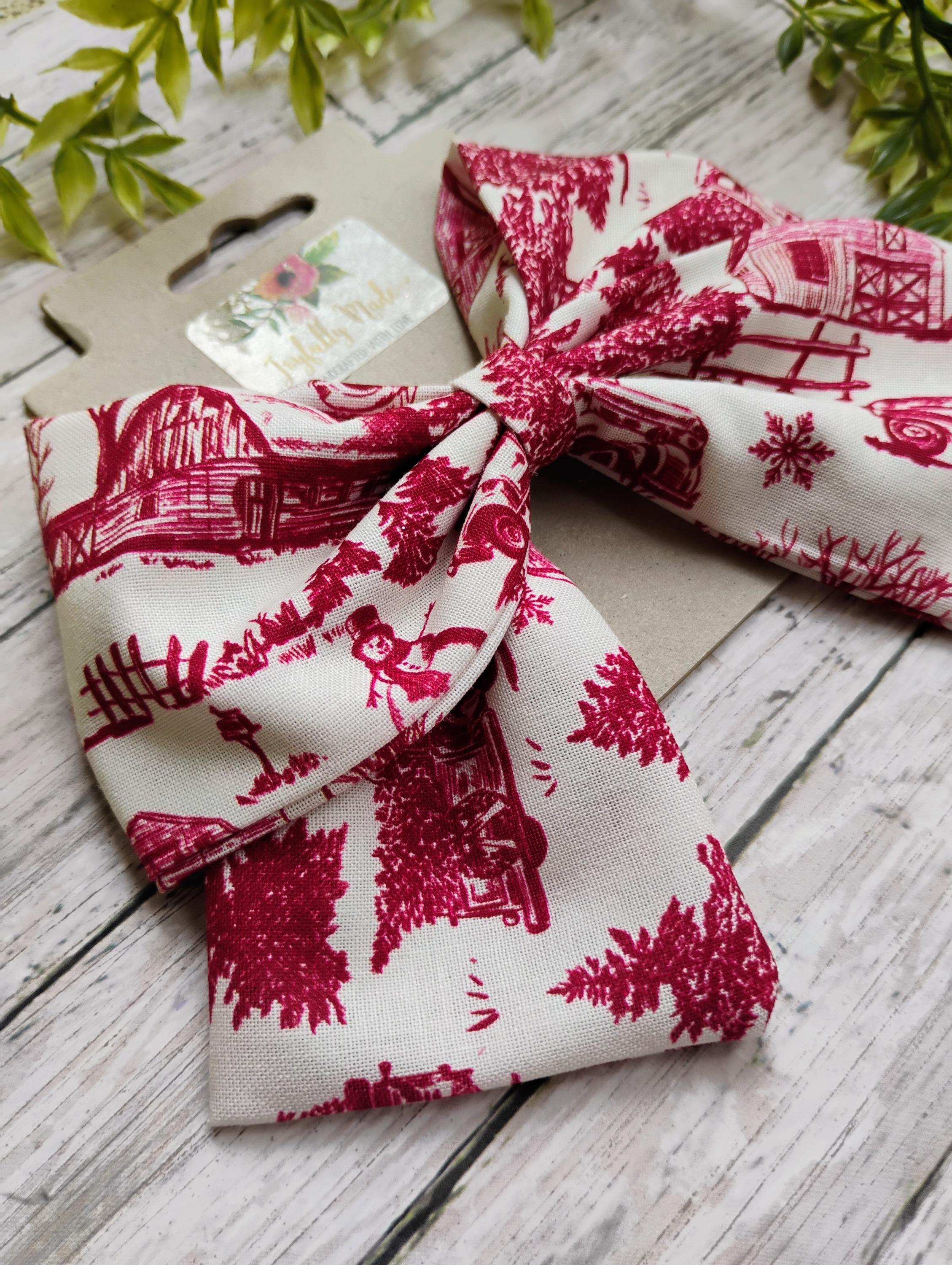 Red Toile Christmas Hair Bow: Holiday Ornament Clip or Headband