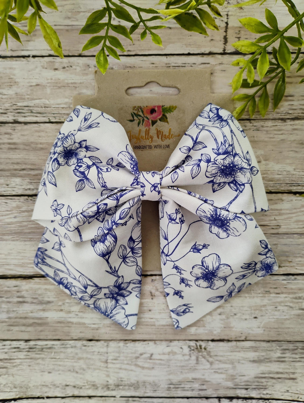 White and Blue Floral Hair Bow, Headband, and Ornament