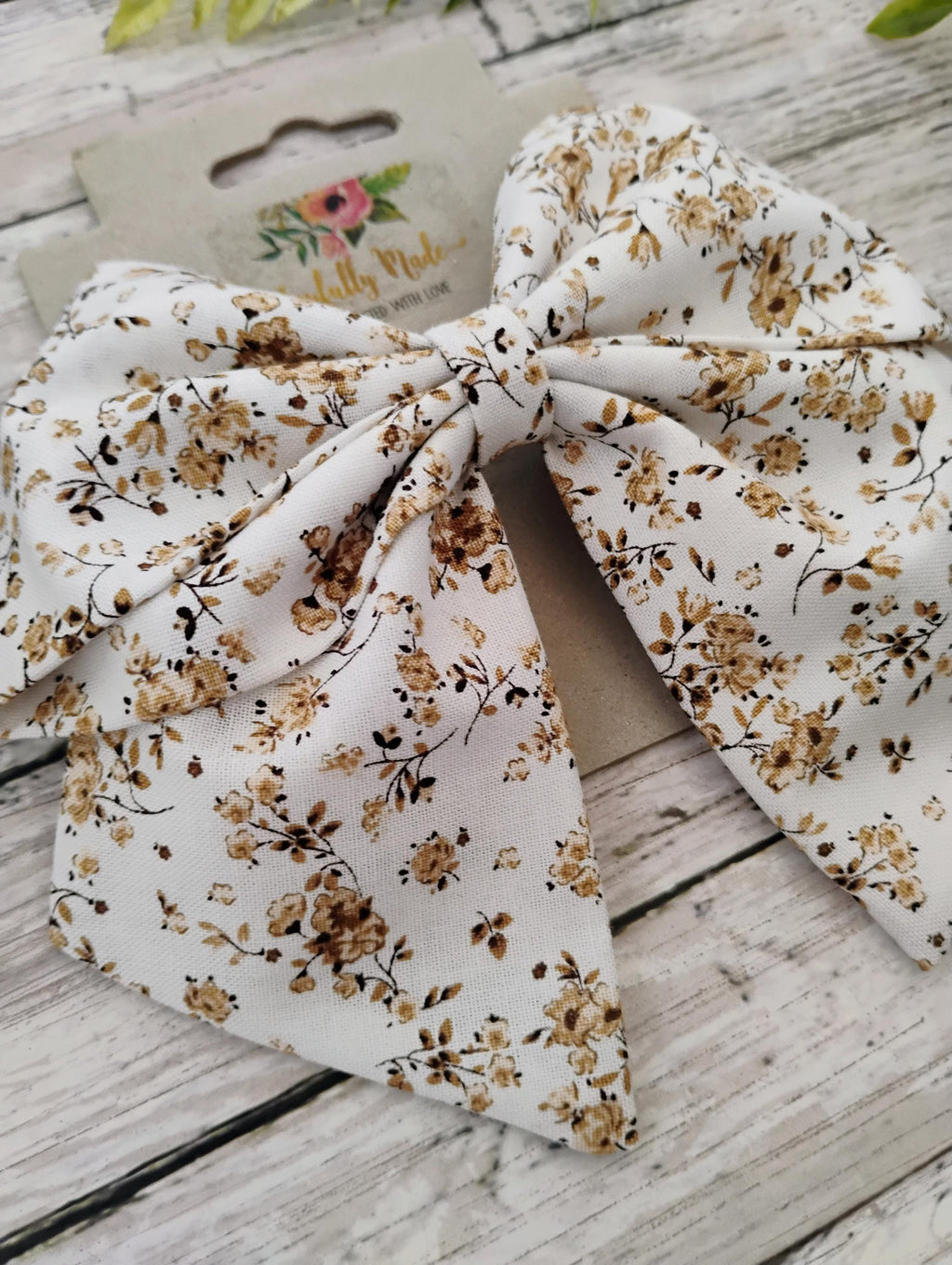 Brown and White Floral Hair Bow, Headband, or Ornament
