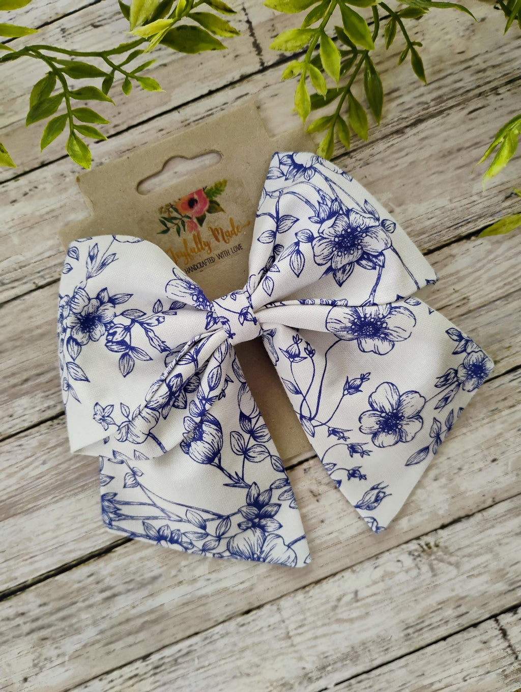 White and Blue Floral Hair Bow, Headband, and Ornament
