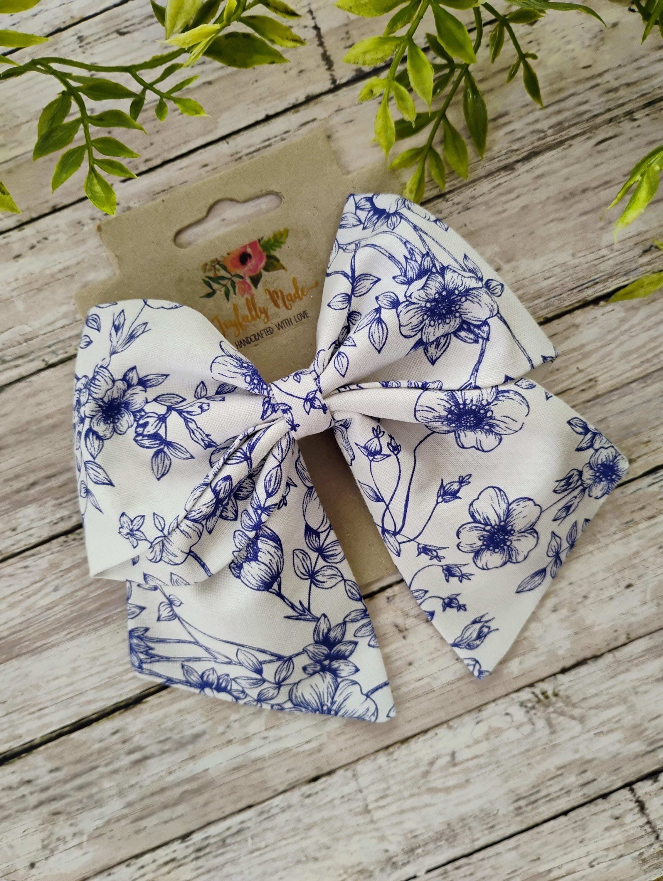 White and Blue Floral Hair Bow, Headband, and Ornament