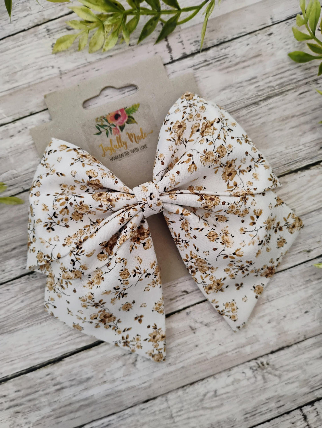 Brown and White Floral Hair Bow, Headband, or Ornament