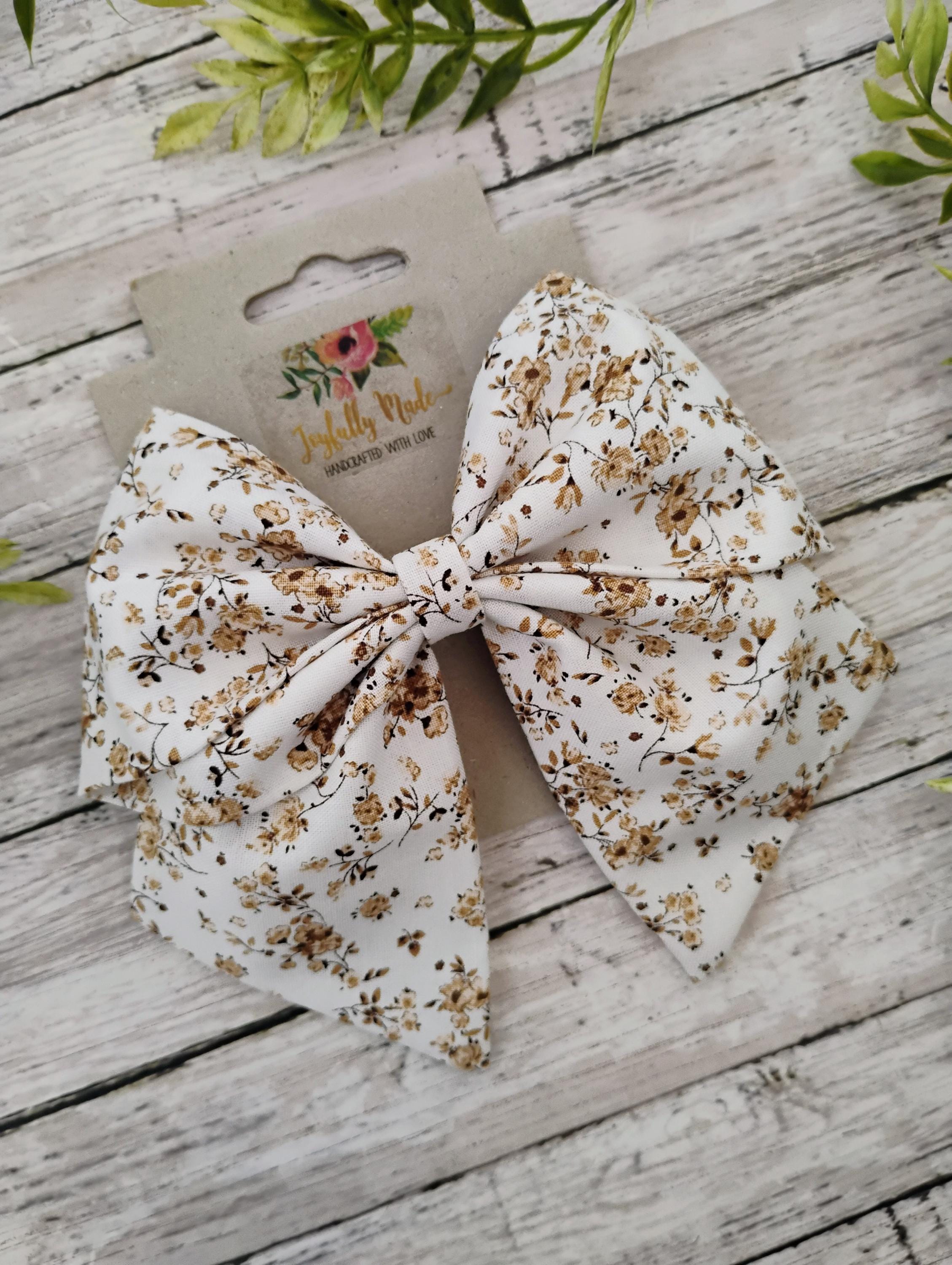 Brown and White Floral Hair Bow, Headband, or Ornament