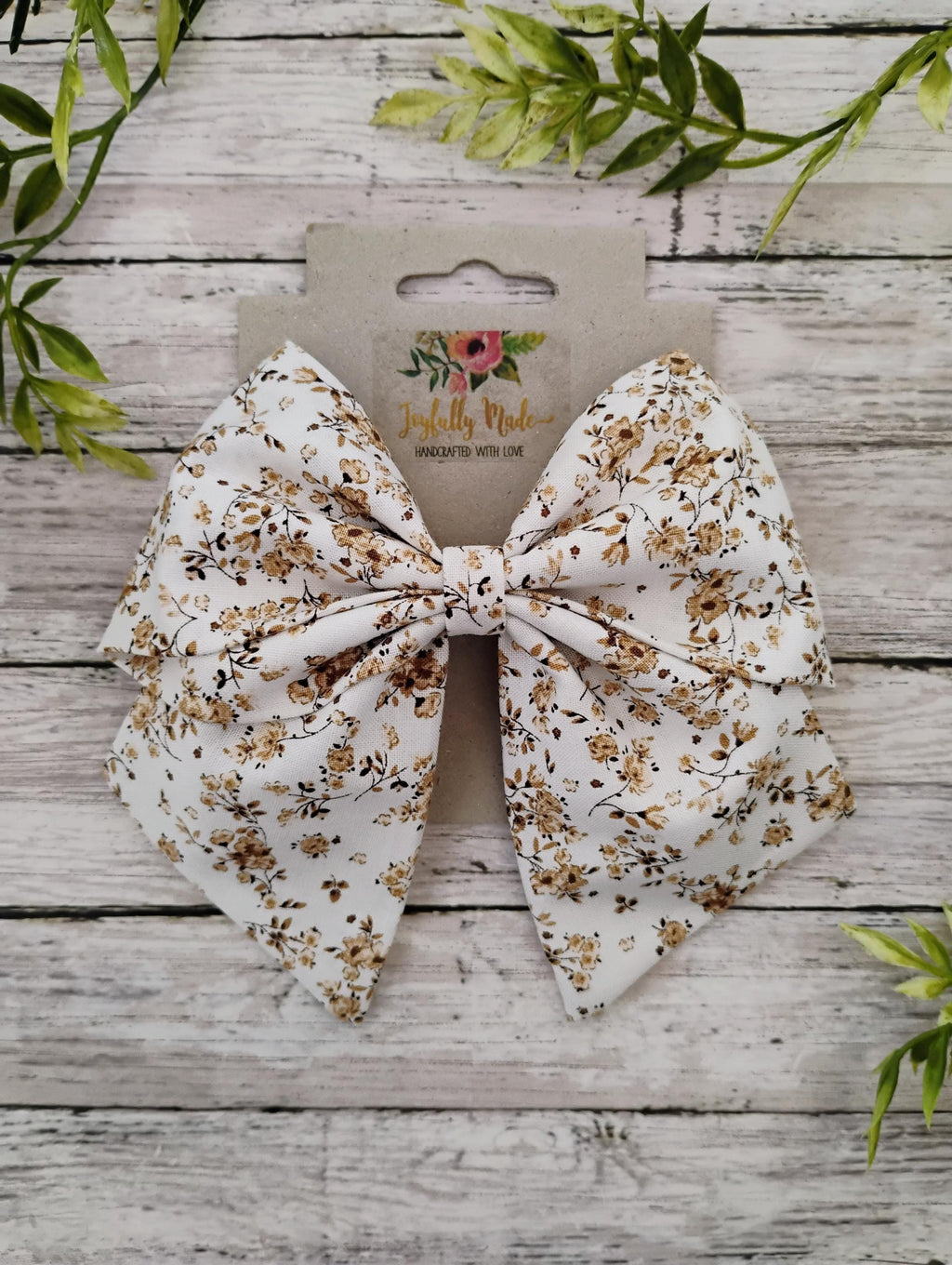 Brown and White Floral Hair Bow, Headband, or Ornament