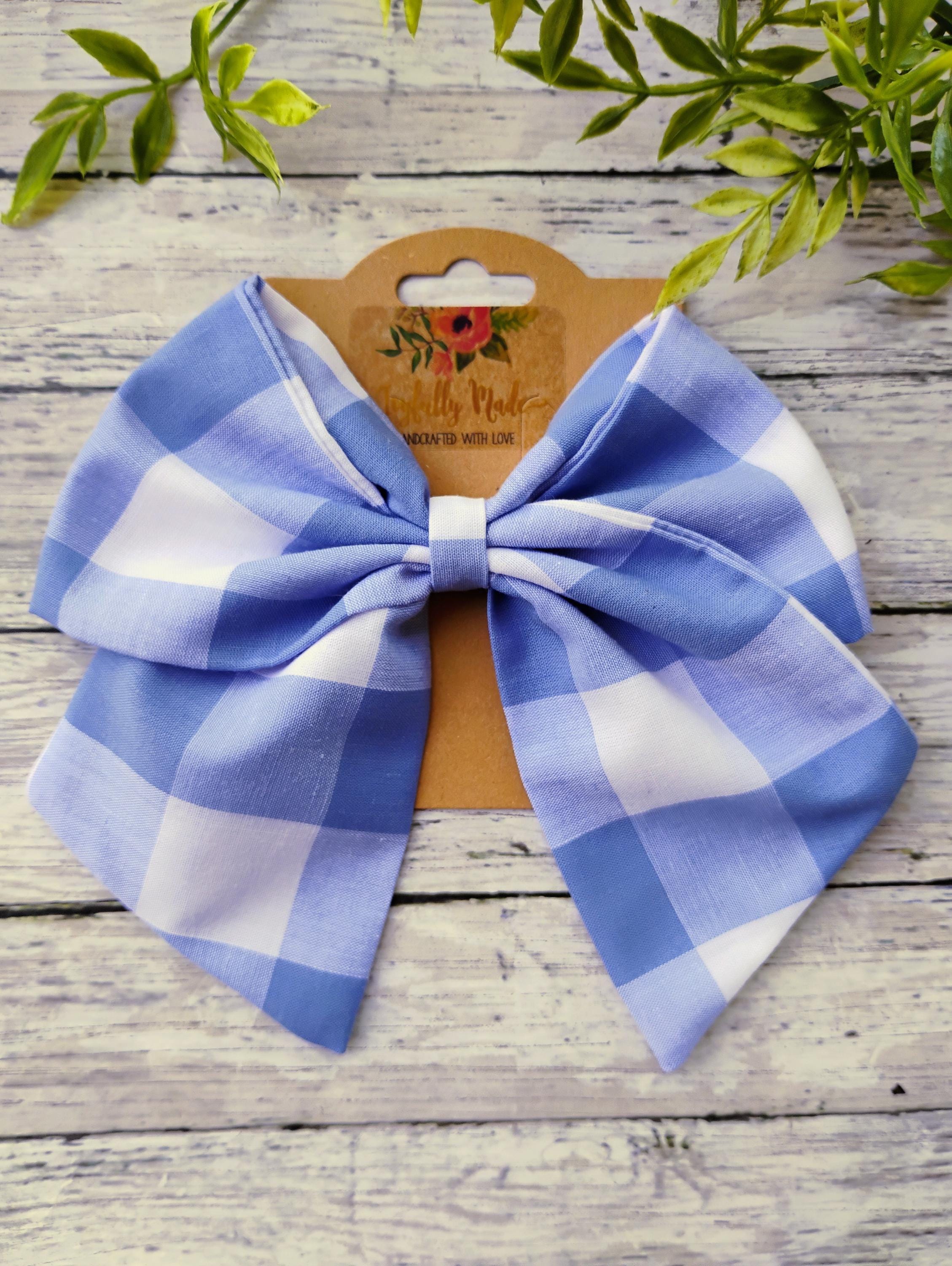 Wide Blue Gingham Hair Bow: Sailor Bow, Headband or Ornament