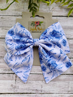 Blue Floral Hair Bow: Cotton Hair Clip, Headband, or Ornament