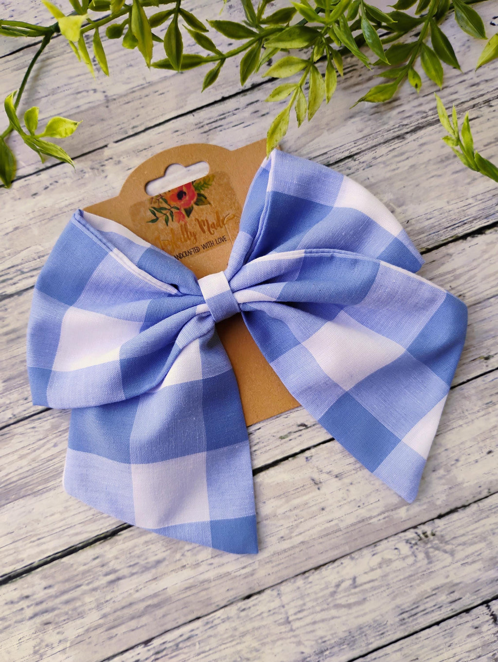 Wide Blue Gingham Hair Bow: Sailor Bow, Headband or Ornament