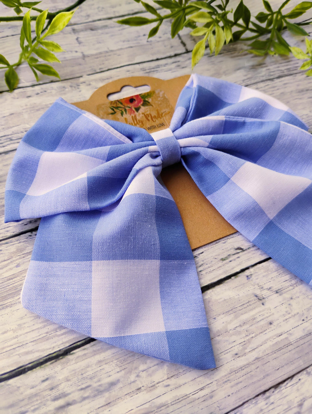 Wide Blue Gingham Hair Bow: Sailor Bow, Headband or Ornament
