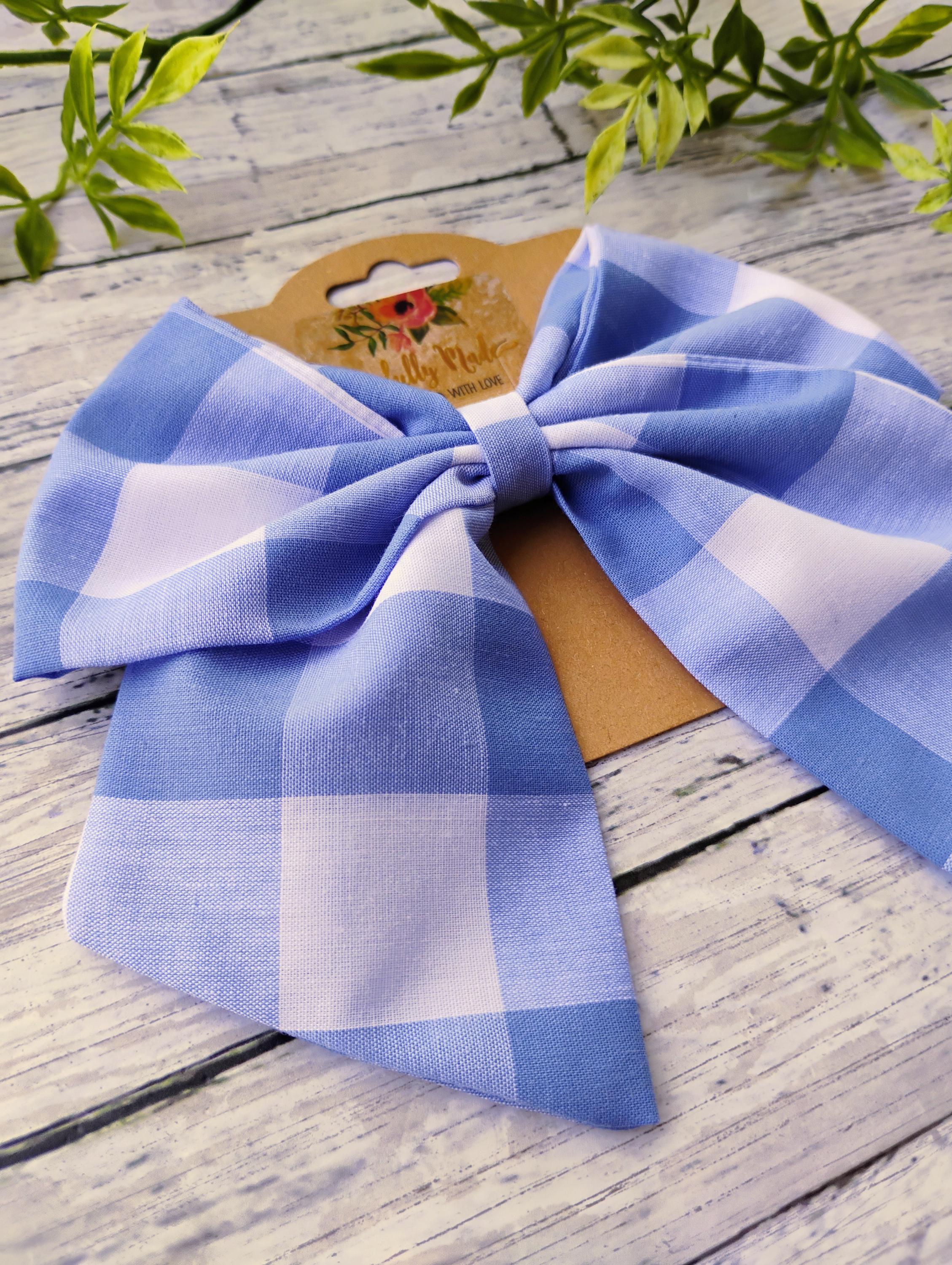 Wide Blue Gingham Hair Bow: Sailor Bow, Headband or Ornament