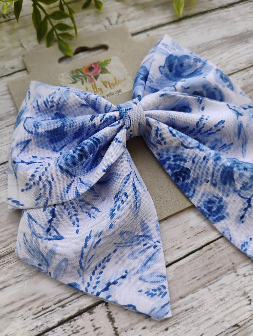 Blue Floral Hair Bow: Cotton Hair Clip, Headband, or Ornament
