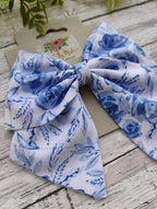 Blue Floral Hair Bow: Cotton Hair Clip, Headband, or Ornament