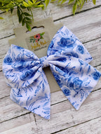 Blue Floral Hair Bow: Cotton Hair Clip, Headband, or Ornament