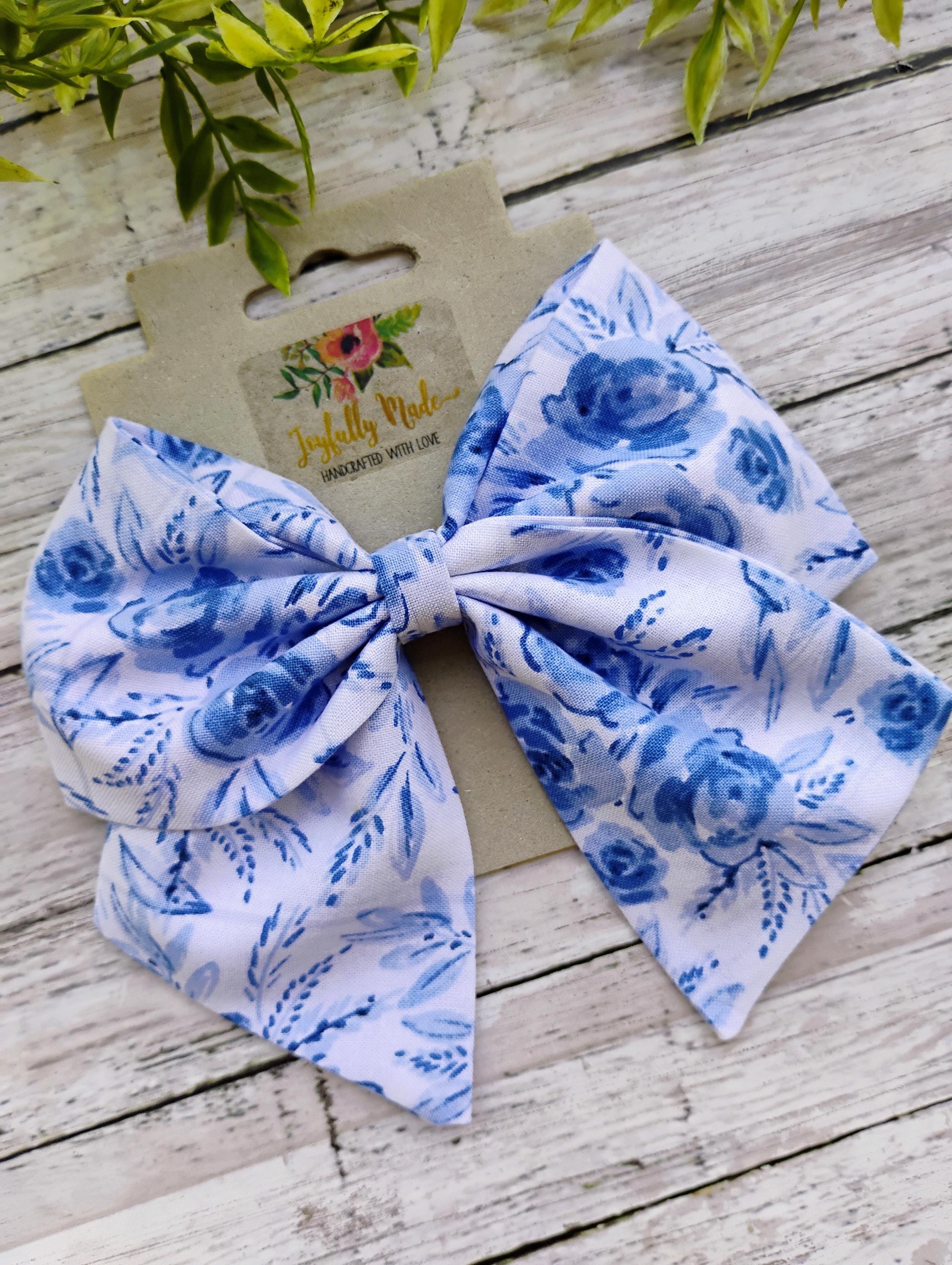 Blue Floral Hair Bow: Cotton Hair Clip, Headband, or Ornament
