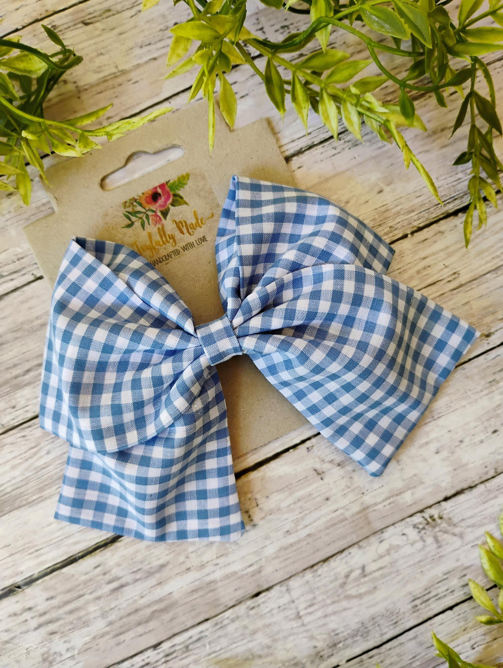 Blue Gingham Hair Bow: Handmade Cotton Hair Clip, Headband or Ornament