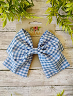 Blue Gingham Hair Bow: Handmade Cotton Hair Clip, Headband or Ornament