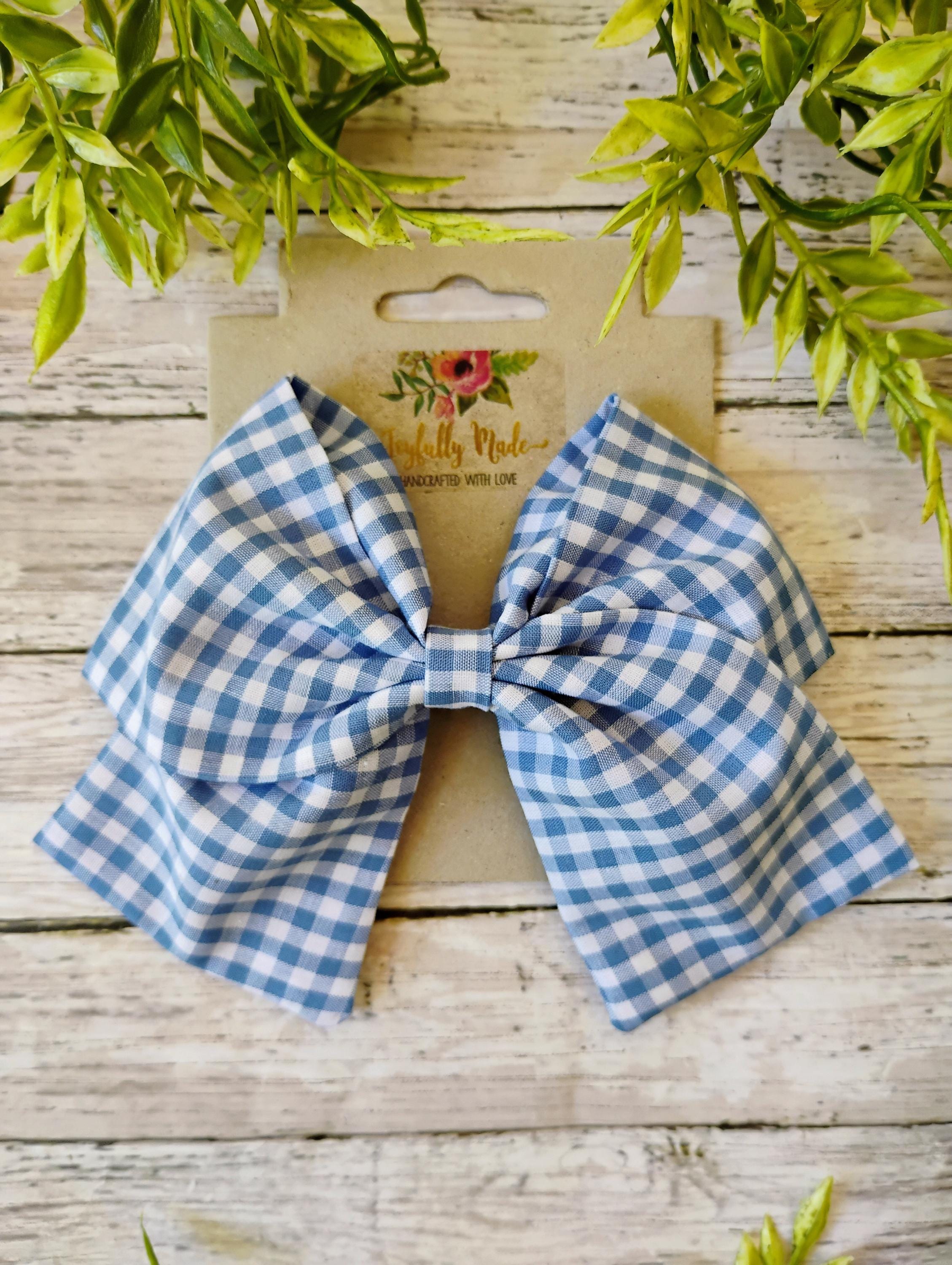 Blue Gingham Hair Bow: Handmade Cotton Hair Clip, Headband or Ornament