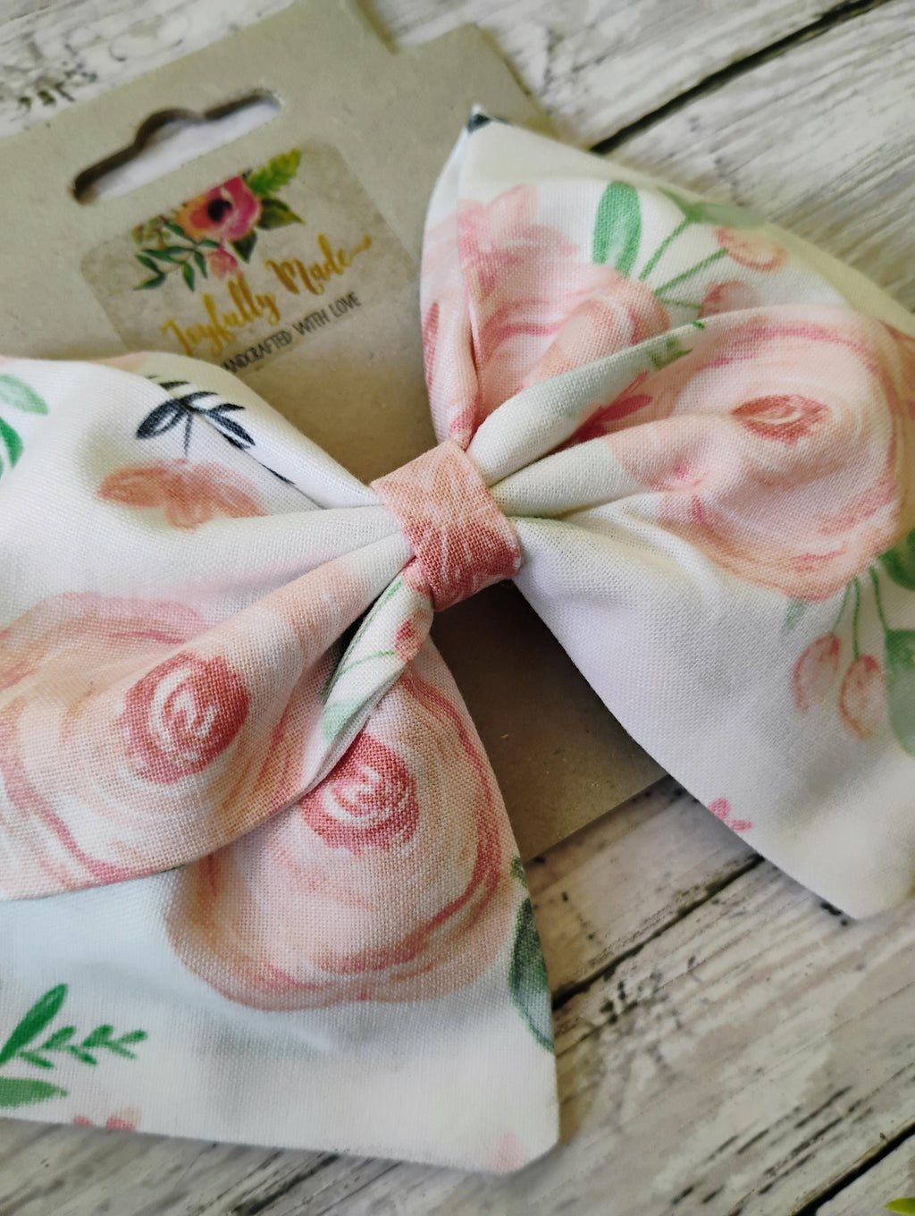 White and Pink Floral Hair Bow: Sailor Style Cotton Bow