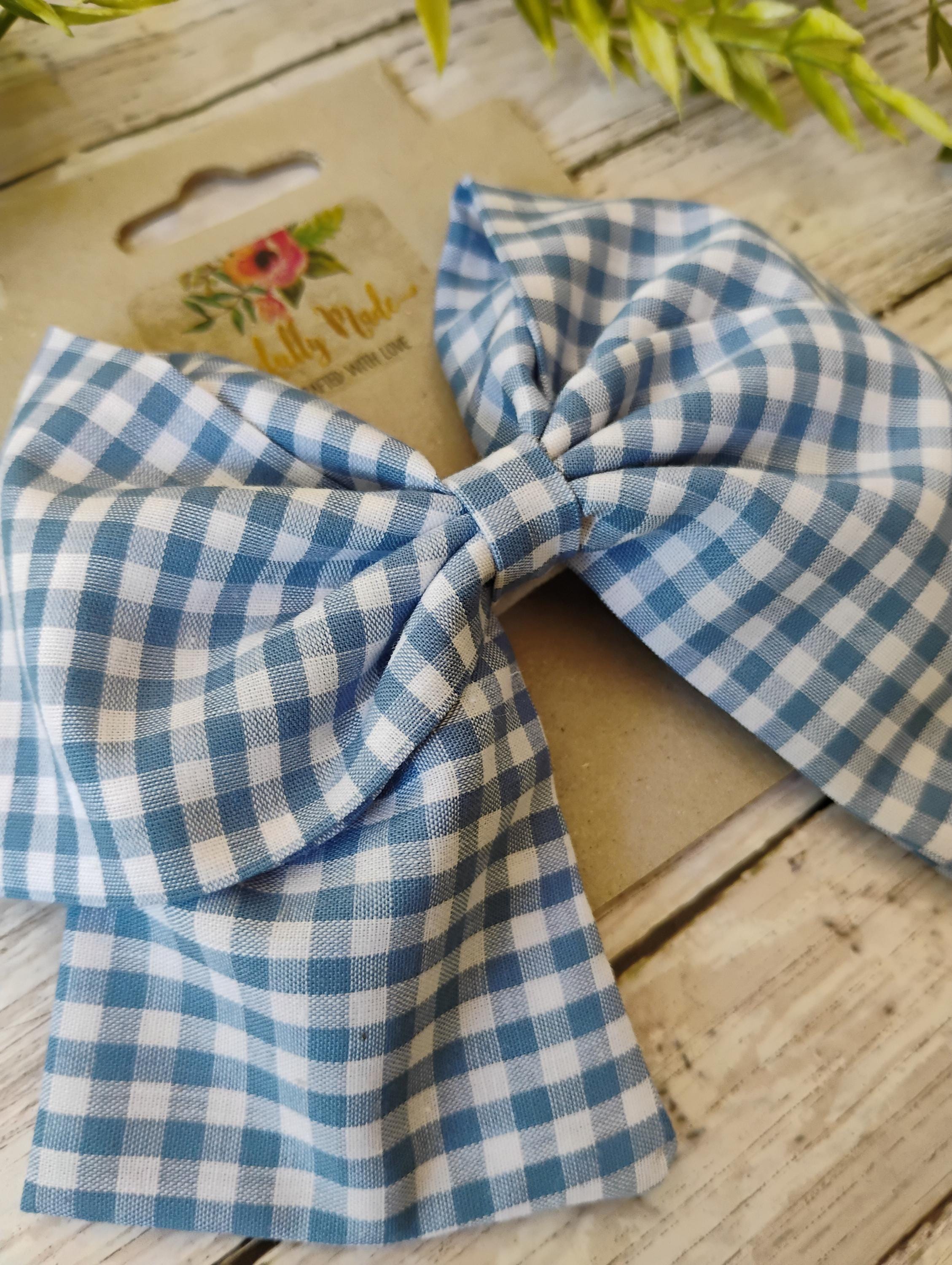 Blue Gingham Hair Bow: Handmade Cotton Hair Clip, Headband or Ornament
