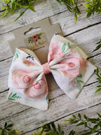 White and Pink Floral Hair Bow: Sailor Style Cotton Bow