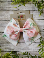 White and Pink Floral Hair Bow: Sailor Style Cotton Bow