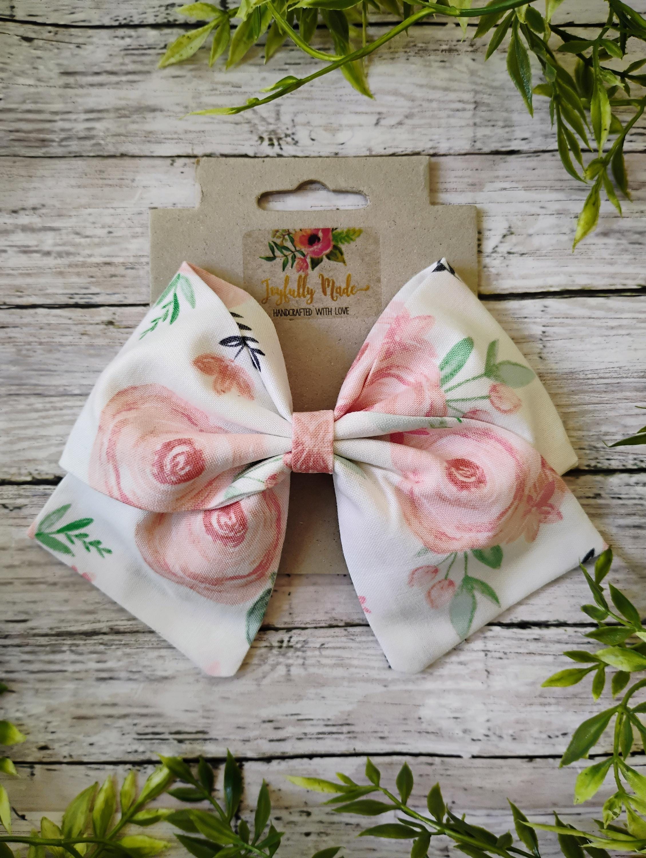 White and Pink Floral Hair Bow: Sailor Style Cotton Bow