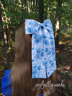 Jumbo Blue Toile Hair Bow: Large Sailor Bow with Alligator Clip