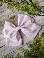 Pink Toile Hair Bow: Handmade Cotton Hair Clip, Headband or Ornament