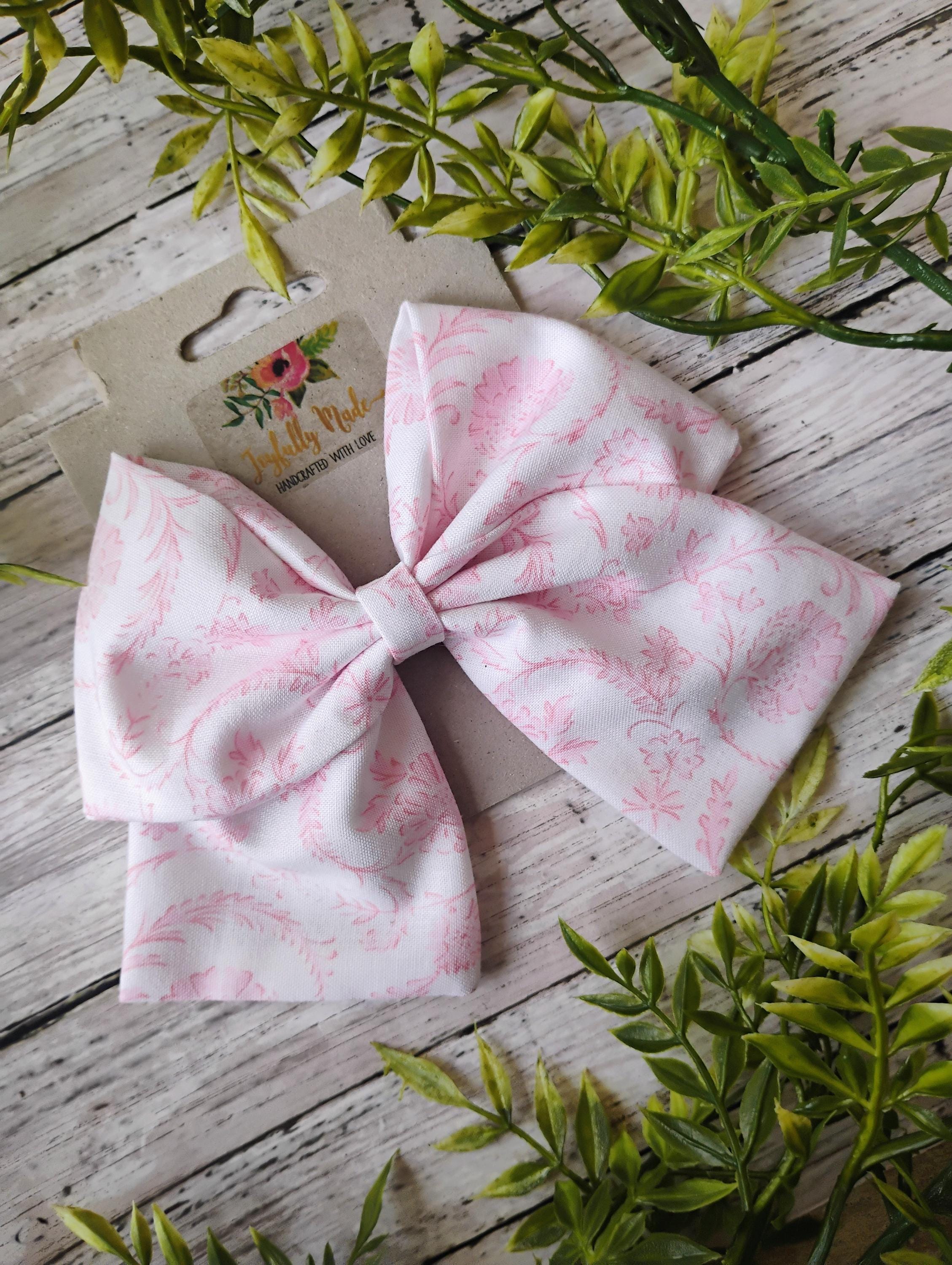 Pink Toile Hair Bow: Handmade Cotton Hair Clip, Headband or Ornament