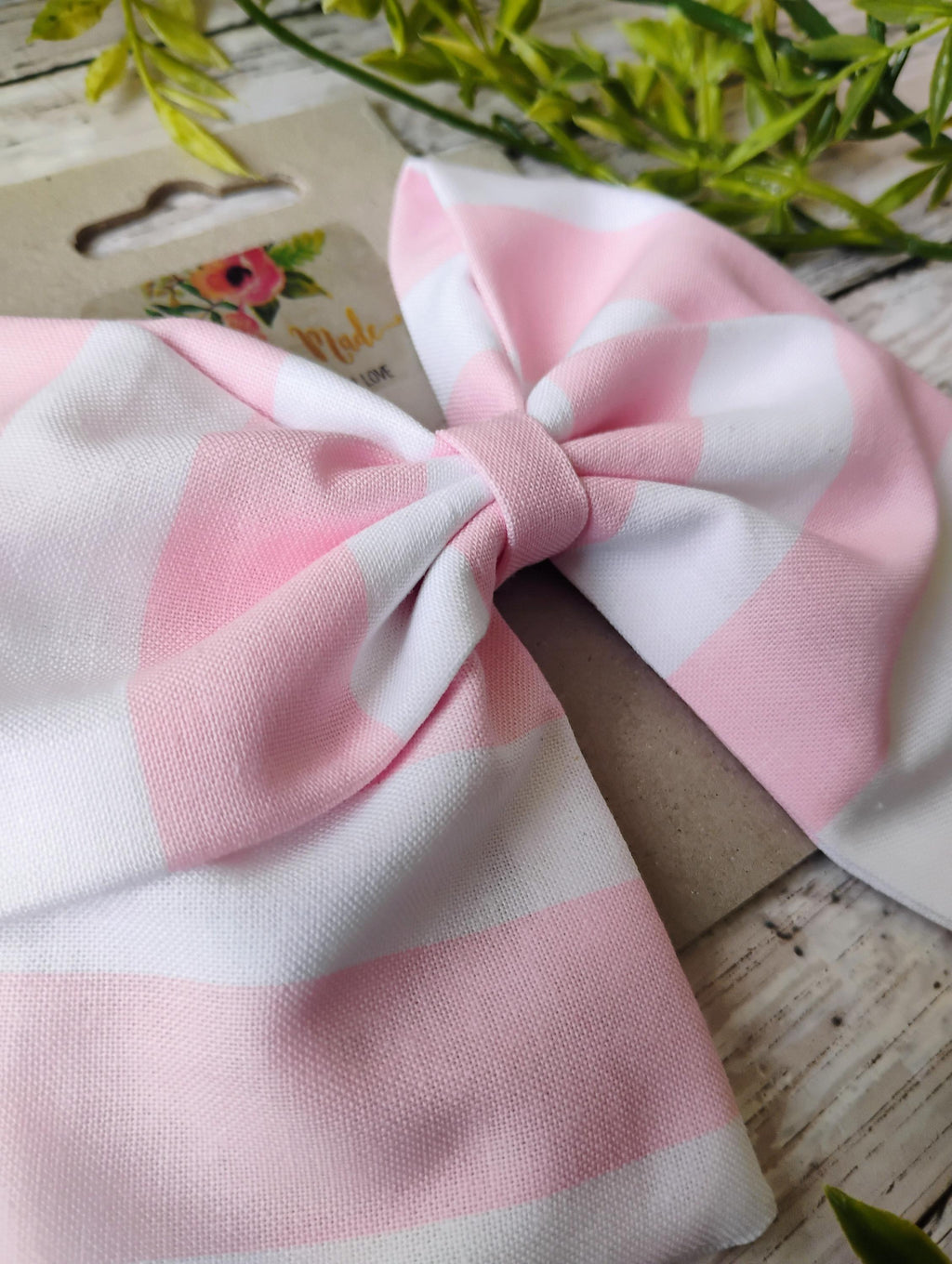 Pink Stripe Hair Bow: Handmade Cotton Hair Clip, Headband or Ornament